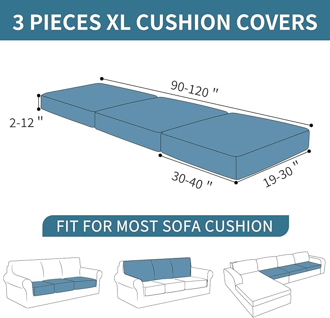 XINEAGE Large Couch Cushion Covers Seat Cushion Cover Thick Stretch Sofa Slipcovers 3 Piece Individual Couch Covers with Elastic Bottom(3 XL Seat Cushion/Backrest,Light Gray)