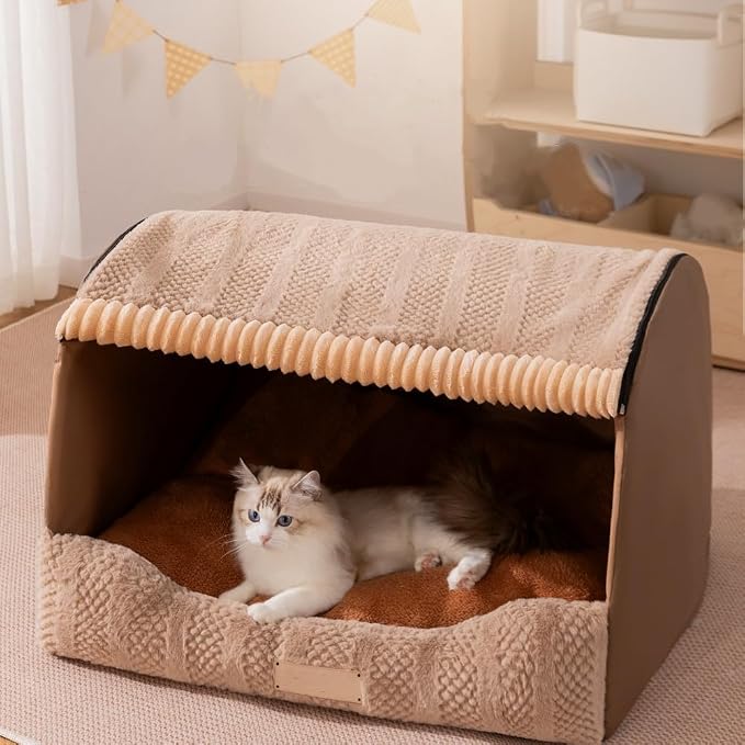 Large Dog House Indoor, Foldable Pet House Bed with Removable Plush Cushion, Warm Covered Dog Cave Nest Bed for Small Medium Extra Large Dogs (Brown, Medium)