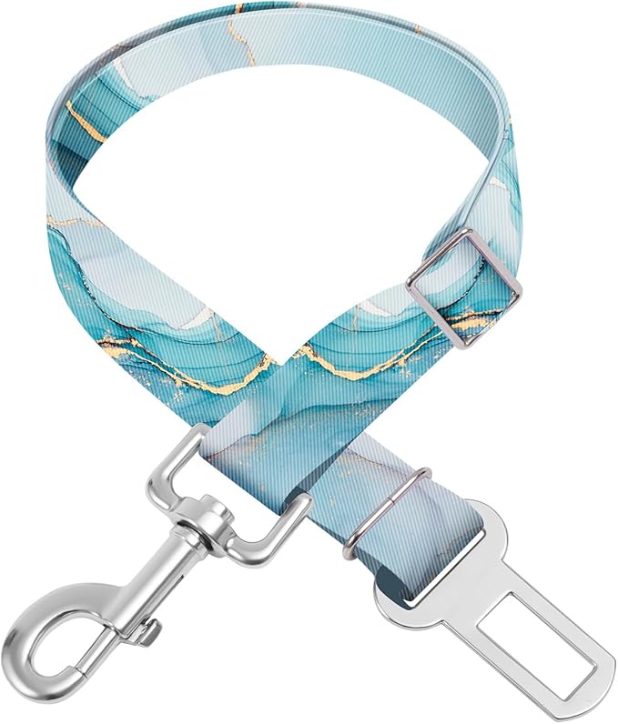 Adjustable pet cat and Dog car seat Belt，The Lanyard is Flexible and Adjustable from 20 to 33 inches (Golden Marble + Blue Marble)