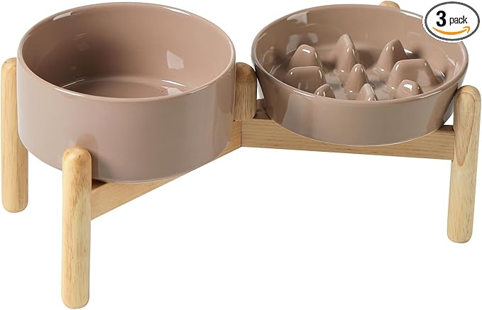 Havniva 6.1” Raised Slow Feeder Dog Bowls Set, 0.9 Cups Ceramic Slow Feeder Dog Bowl and 6.1” Dog Water Bowl with Elevated Wooden Stand Puzzle Dog Food Bowl for Small Dogs Anti-Gulping & Anti-Choking