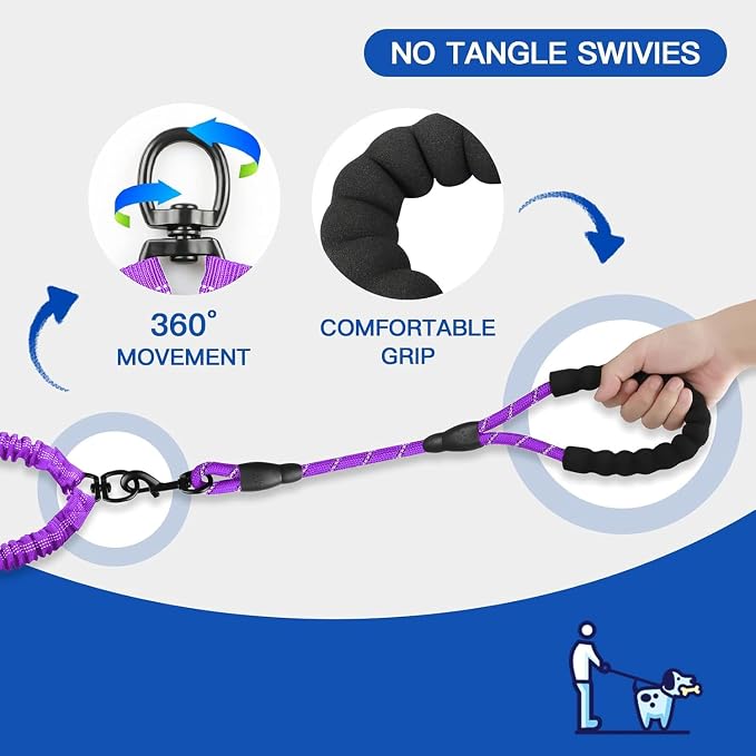 MingXpets Double Dog Leash, Dual Dog Leash, 360° Swivel Tangle Free Bungee Walking Training for Large Medium Dogs, Shock Absorbing Bungee Reflective for Two Dogs, 18~120 lbs, Purple
