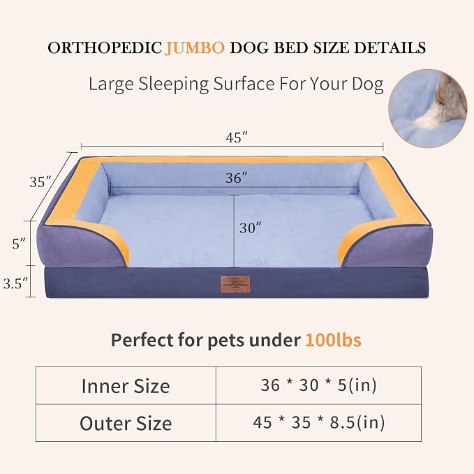 Comfort Expression Orthopedic Dog Bed for Extra Large Dogs 45x35 Inch, Waterproof Egg Crate Foam XL Pet Bed with Bolsters, Dog Couch with Washable Cover & Non-Slip Bottom, Twilight Wave