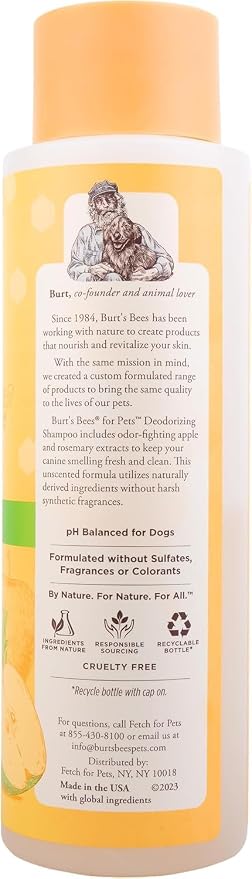 Burt's Bees for Pets Deodorizing Dog Shampoo with Apple and Rosemary, 95% Natural Origin, pH Balanced, Free of Sulfates, for Smelly Dogs, Gentle Dog Shampoo, 16 Fl Oz