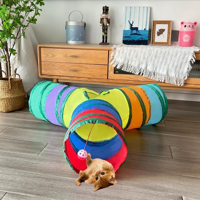 3-Way Collapsible Cat Tunnel Tube Toy Rainbow Y — Interactive Play Tunnel with Hanging Ball & Peek Hole for Indoor Cats, Kittens, Puppies & Rabbits | Hours of Fun & Exercise