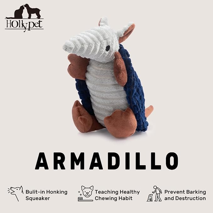 Hollypet Plush Dog Squeaky Toy Stuffed Armadillo Animal Pet Puppy Chew Toys with Clean Teeth for Small Medium Large All Breed Sizes Dogs, Ultramarine, 8 in