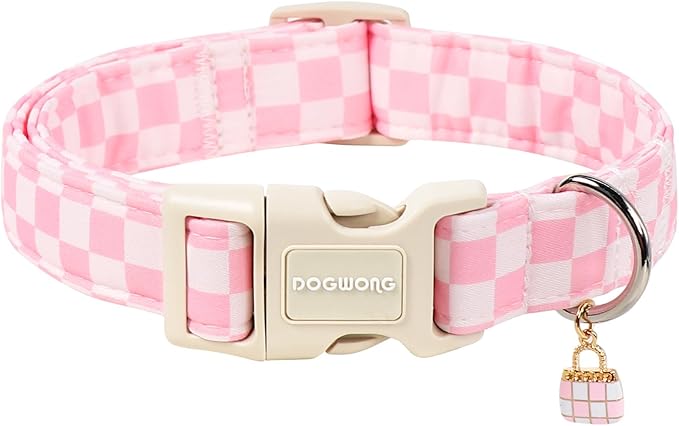 DOGWONG Girl Dog Collar for Large Dogs, Pink Checked Dog Collars, Pink Checked Dogs Collars for Large Dogs, Neck 42-66 inches