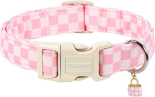DOGWONG Girl Dog Collar for Small Dogs, Pink Checked Dog Collars, Pink Checked Dogs Collars for Small Medium Dogs, Neck 11-16 inches