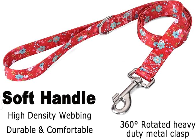 Mihqy Dog Collar and Leash Set with Bohemia Floral Tribal Geometric Patterns - Soft Ethnic Style Collar Adjustable for Small Medium Large Dogs(Red Floral Set,XS)
