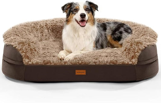 iweepet Fluffy Orthopedic Dog Beds for Large & Extra Large Dogs, 41" Calming Dog Sofa Bed with Supportive 28D Egg-Crate Foam, Removable Washable Cover, Waterproof Lining, for Puppy,Senior,Sick