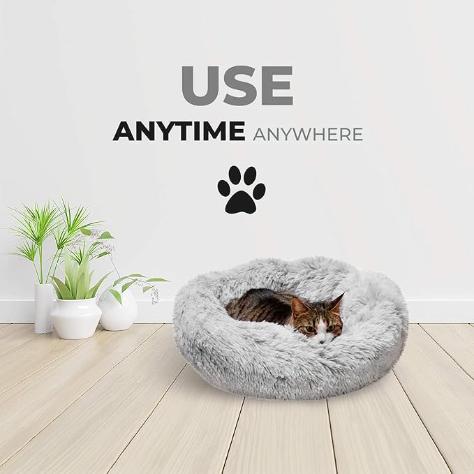 Whiskers & Friends Cat Beds for Indoor Cats, Fluffy Calming Donut Cat Bed, Small Dog Bed Washable - Orthopedic Soft Plush Pet Beds Sized for Kitten to Large Cats & Puppy to Small Dogs - Light Grey C