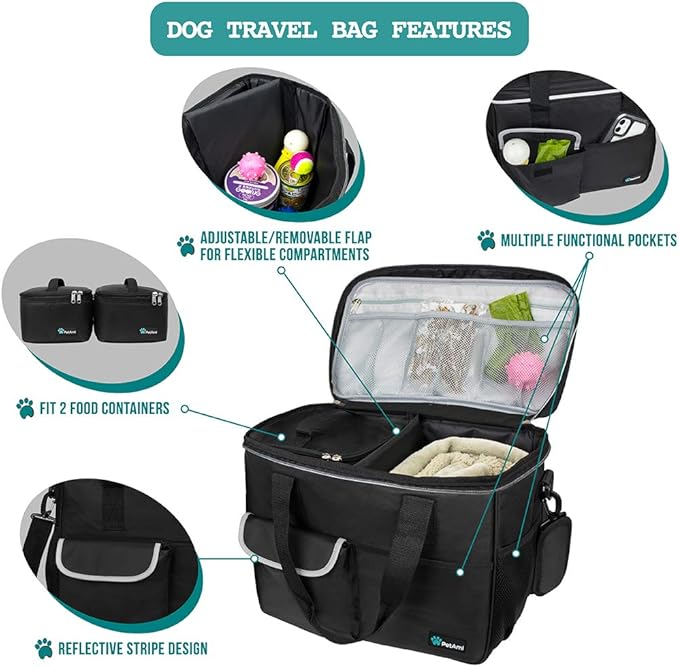 PetAmi Dog Travel Bag Organizer, Pet Travel Kit with 2 Food Containers & 2 Collapsible Dog Bowls, Pet Supplies Tote with Luggage Sleeve, Weekend Road Trip Camping Essentials, Black, Medium