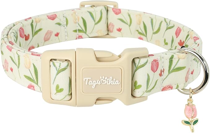 Dog Collars for Small Dogs, Dog Collar with Tulip Patterns, Spring Summer Dog Collar with Exquisite Pendant, Durable Adjustable Dog Collar for Gifts Pet Collar for Puppy Small Dogs-XS