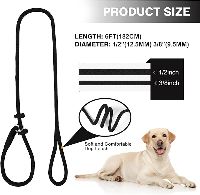 Lynxking Dog Leash Slip Lead Reflective Breathable Rope Comfortable Strong No Pull Slip On Pet Training Lead for Dogs (Black, Small 3/8 inch x 6ft)