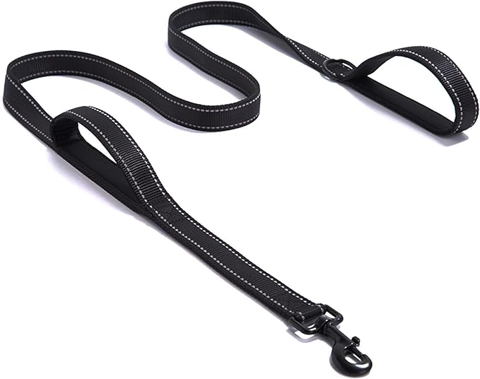 Solmoony 6FT Black Strong Dog Leash with 2 Padded Handles, Traffic Handle Extra Control, Double-Sided Reflective Walking Lead for Small Medium and Large Dogs(Black, 6FT)