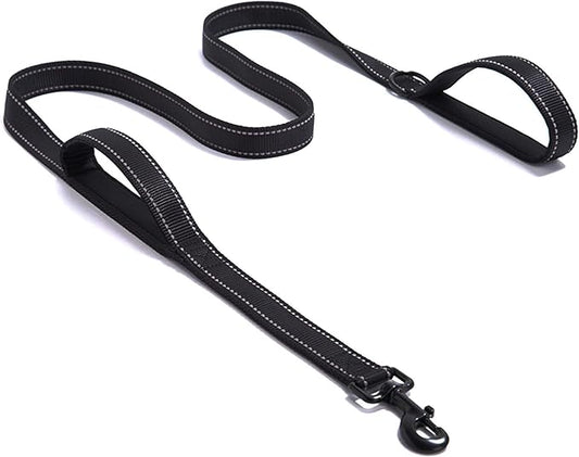 Solmoony 6FT Black Strong Dog Leash with 2 Padded Handles, Traffic Handle Extra Control, Double-Sided Reflective Walking Lead for Small Medium and Large Dogs(Black, 6FT)