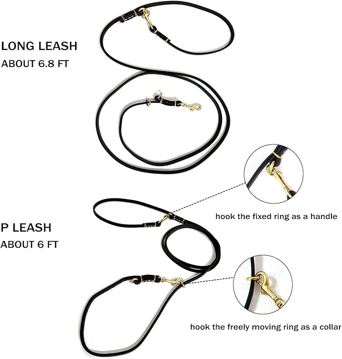 Multi Function 8ft Genuine Leather Hands Free Dog Training Leash for Puppy Small and Medium Dogs (8 Foot*3/8 inch, Black)
