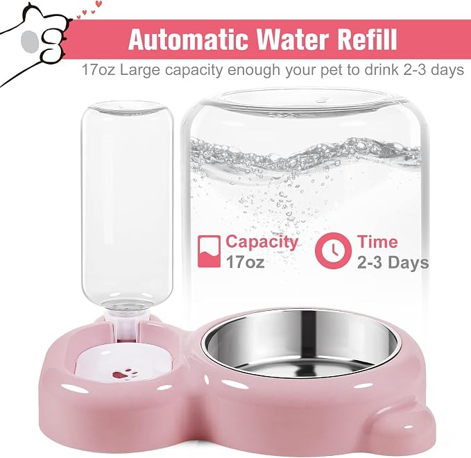 Double Dog Cat Bowls, Cat Food and Water Bowl Set with Auto-Water Dispenser and Stainless Steel Bowl Feeder for Small Size Dogs & Cats, Anti-Slip & Splash Design, Cute Pink