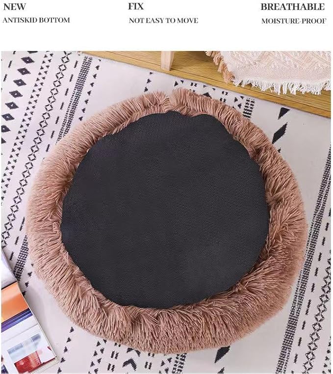 Cat Bed Round Fluffy Hooded Cat Bed Cave, Anti-Anxiety Cave Bed with Hooded Blanket, Cozy Cuddler Luxury Puppy Pet Bed, Anti-Slip Bottom and Machine Washable (Brown, Large)