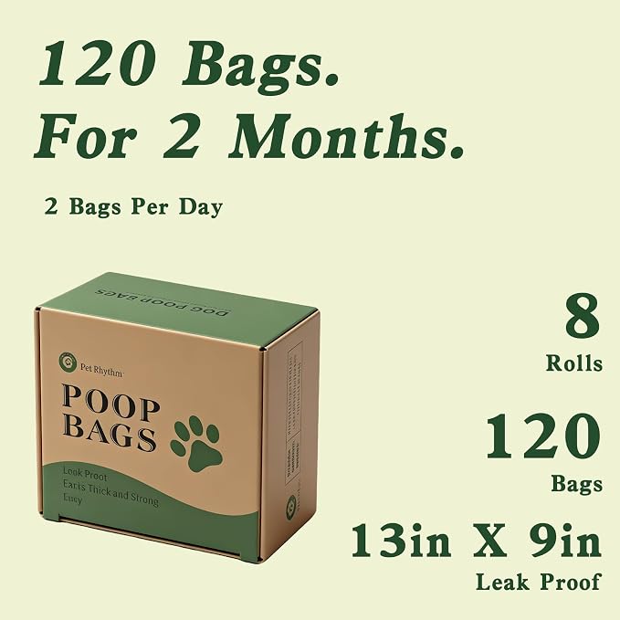 Dog Poop Bags with Dispenser, 120 Count Extra Thick Leak-Proof Waste Bags, Plant-Based Material, 13x9 Inch for Bags for Dogs Walking and Cat Litter