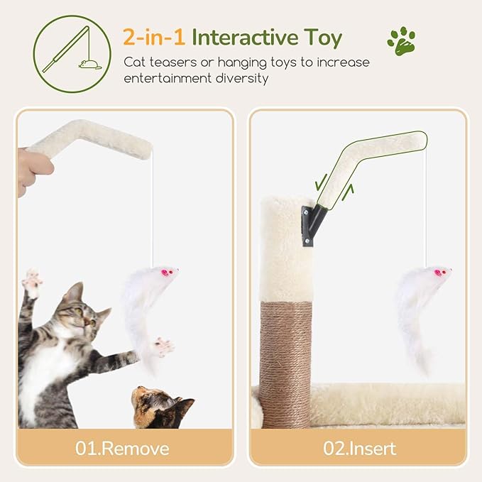 Globlazer 74in Cat Tree for Indoor Cats Large Adult, Heavy Duty Cat Tower with 5 Sisal Scratching Posts, 2 Caves, Oversized Top Perch, Hanging Basket, F74B, Beige