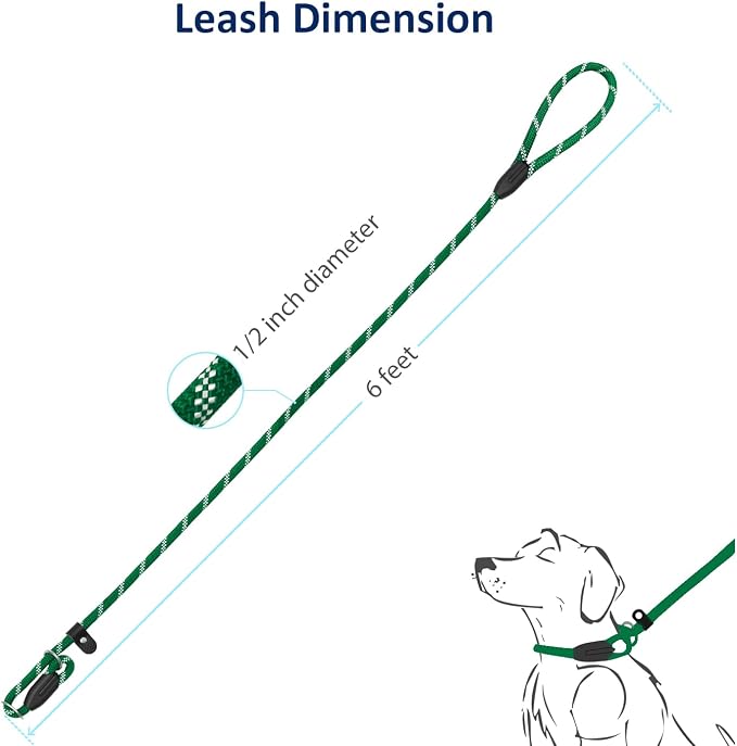 WePet Dog Training Slip Leash, No Pull, Durable Reflective Lead, Puppy Heavy Duty Loop Rope, Comfortable Handle, 6 ft, 1/2 inch, diam. Forest/White