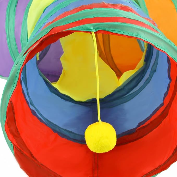 3-Way Collapsible Cat Tunnel Tube Toy Rainbow T— Interactive Play Tunnel with Hanging Ball & Peek Hole for Indoor Cats, Kittens, Puppies & Rabbits | Hours of Fun & Exercise