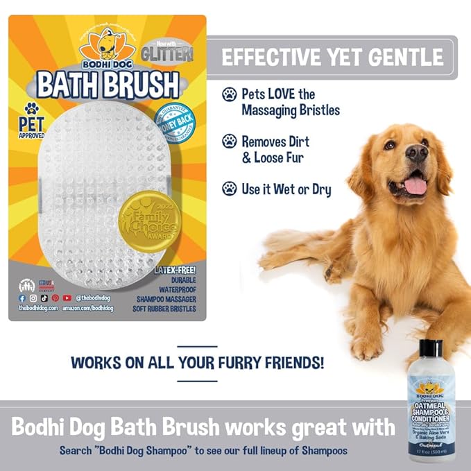 Bodhi Dog Shampoo Brush - Pet Grooming & Bath Supplies for Dogs and Cats - Bath Brush for Long & Short Hair - Premium Scrubber for Shower, Bathing & Massage (One Pack, Silver Glitter)