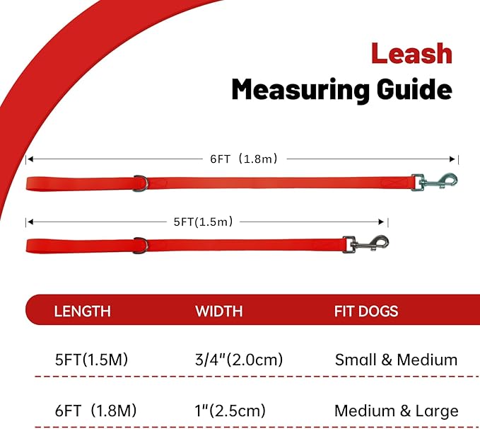 Waterproof Dog Leash, 5/6 FT Durable Odor-Proof Dog Leashes with Strong Metal Hooks Fits Small Medium or Large Dogs (Red, 6FT - 1 inch Width)