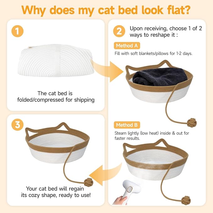 Cotton Rope Woven Cat Bed, Pet Sleeping Bed with a Playing Rope Ball, Foldable Sleeping Basket for Cats, Puppies, Rabbits and Small Pets (Large, Brown & Beige)