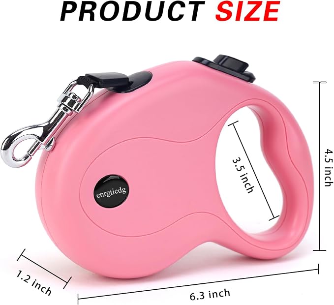 enrgticdg 16Ft Retractable Dog Leash,Light Weight Leash for Small to Medium Dogs/Cats Up to 50lbs,Stainless Steel Spring Strong Nylon Tape, Tangle Free, One-Handed Brake.(Pink-Black)