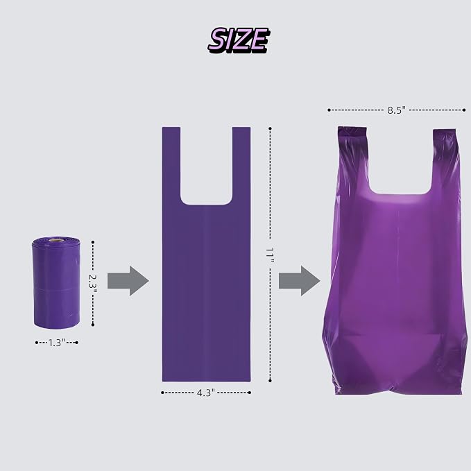 Purple T-Shirt Poop Bags with Easy-Tie Handles – Leak-Proof, Extra Thick Waste Bags for Small Dogs & Cats,3 Rolls (45 Count)