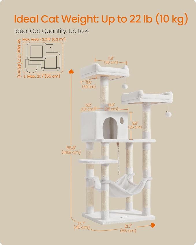 Feandrea Cat Tree, 55.8-Inch Cat Tower, Multi-Level Plush Condo with 11 Scratching Posts, 2 Perches, Hammock, Cave, Light Warm White UPCT015W02