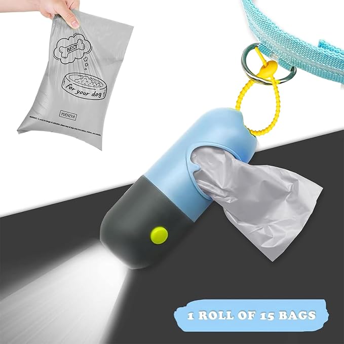 Dog Poop Bag Holder with LED Flashlight for Night Walks,Silicone Tether & Panda Pattern Clip for Used Bags, Hands-Free Metal Leash Carabiner, Includes 15 Scented Waste Bags (Blue)