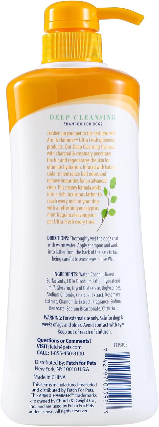 Arm & Hammer Ultra Fresh Charcoal Dog Shampoo with Rosemary Deep Cleansing Odor Control Baking Soda Deodorizing Pet Shampoo Pump Bottle Eucalyptus Mint Scent 24 FL OZ Single Bottle Dog Grooming