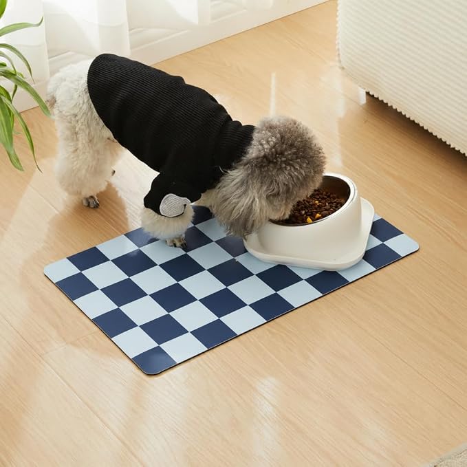 Checkered Dog Feeding Mat, Absorbent Mats for Dog Food and Water Bowl, Dispenser, Retro Aesthetic Navy Blue Checkerboard Pet Placemat for Dogs, Cats, Puppy Accessories, 12" X 19”