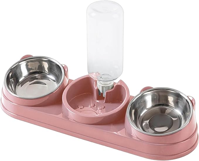 3 in 1 Cat Bowls Pet Feeder with Water Dispenser, 15° Raised Cat Dish Food and Water Bowls Set for Wet/Dry Food, Triple Pet Feeding Station for Rabbit Kitten Bunny (Pink)