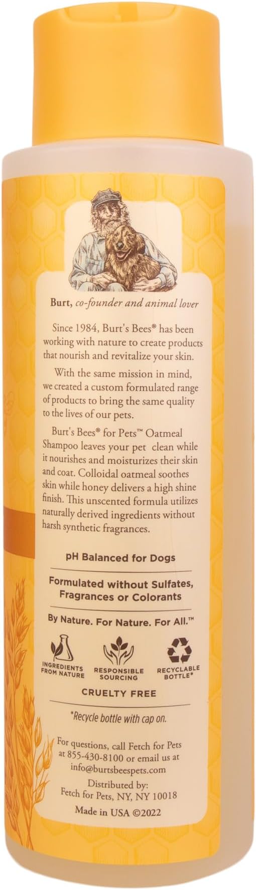 Burt's Bees for Pets Oatmeal Dog Shampoo with Honey, Soothing Formula for Itchy and Sensitive Dog Skin, Colloidal Oat Flour and Honey, pH Balanced, Sulfate-Free, 16 Fl Oz - 6 Pack