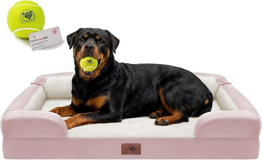 Orthopedic Dog Bed for Extra Large Dogs, XXL Waterproof Egg Crate Memory Foam Pet Bed Bolsters with Removable Washable Cover & Non-Slip Bottom, Tennis Ball Toy, 45 x 35