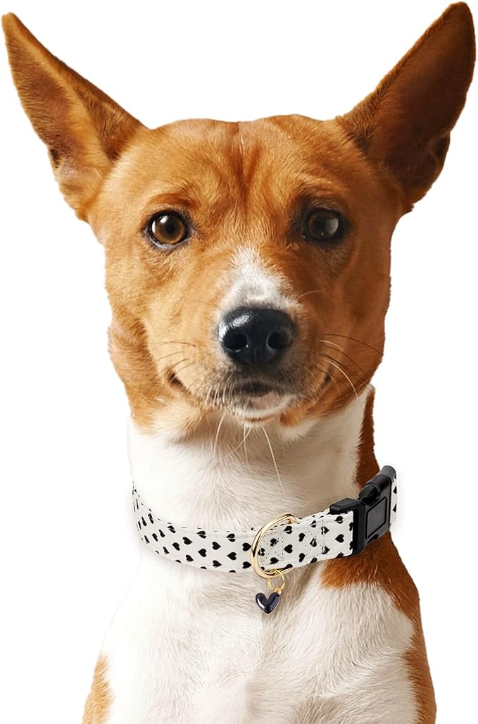 Cotton Dog Collar,Soft and Cute Puppy Collars with Hearts Patterned Design for Girl Female Boy Dogs,Adjustable Buckle Pet Collar for Small Medium Large Dogs (Beige Love Heart, L)