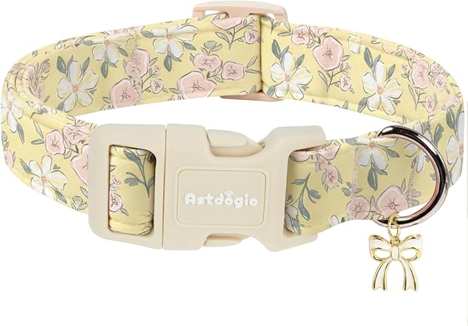 Spring Summer Dog Collar with Pink White Flowers,Adjustable Cotton Puppy Collars for Small Medium Large Dogs, Cute Girl or Boy Dog Collar Ideal for Gifts,Pet Accessory,M