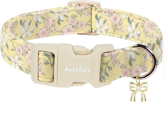 Spring Summer Dog Collar with Pink White Flowers,Adjustable Cotton Puppy Collars for Small Medium Large Dogs, Cute Girl or Boy Dog Collar Ideal for Gifts,Pet Accessory,M