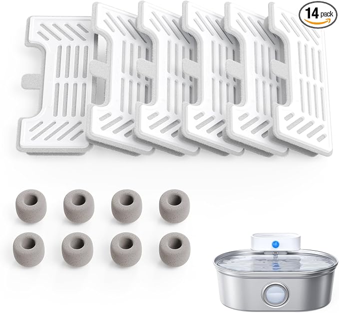 uahpet 6 Pack Replacement Filters & 8 Pack Replacement Filter Sponges for Stainless Steel Pet Fountain Pro (with Water Level Window Version), Water Fountain is not Included