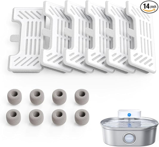 uahpet 6 Pack Replacement Filters & 8 Pack Replacement Filter Sponges for Stainless Steel Pet Fountain Pro (with Water Level Window Version), Water Fountain is not Included