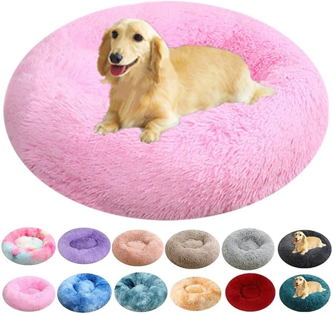 Calming Small Dog Bed Pink Cat Bed, 16 Inch Anti-Anxiety Donut Cuddler Warming Cozy Soft Round Bed, Fluffy Faux Fur Plush Dog Cat Cushion Bed for Small Medium Dogs and Cats, Bright Pink