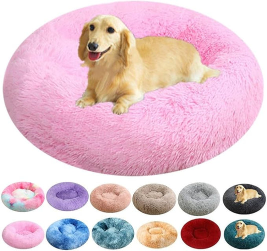 Calming Small Dog Bed Pink Cat Bed, 16 Inch Anti-Anxiety Donut Cuddler Warming Cozy Soft Round Bed, Fluffy Faux Fur Plush Dog Cat Cushion Bed for Small Medium Dogs and Cats, Bright Pink
