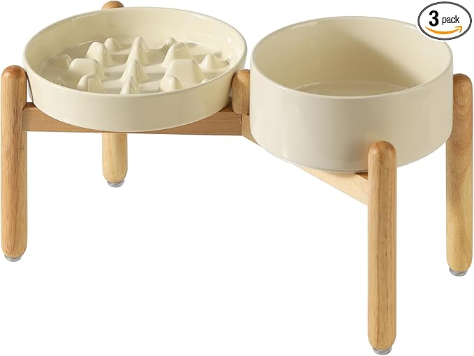 Havniva 8.2” Raised Slow Feeder Dog Bowls Set, 1.6 Cups Ceramic Slow Feeder Dog Bowl and 7.3” Dog Water Bowl with Elevated Wooden Stand Puzzle Dog Food Bowl for Medium Dogs Anti-Gulping & Anti-Choking