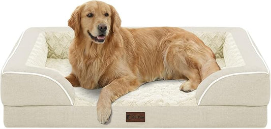 Orthopedic Dog Beds for Extra Large Sized Dogs 42x30 Inch, XL Waterproof Egg Crate Foam Dog Sofa Bed with Removable Washable Cover Big Pet Couch with Bolster & Non-Slip Bottom, Beige