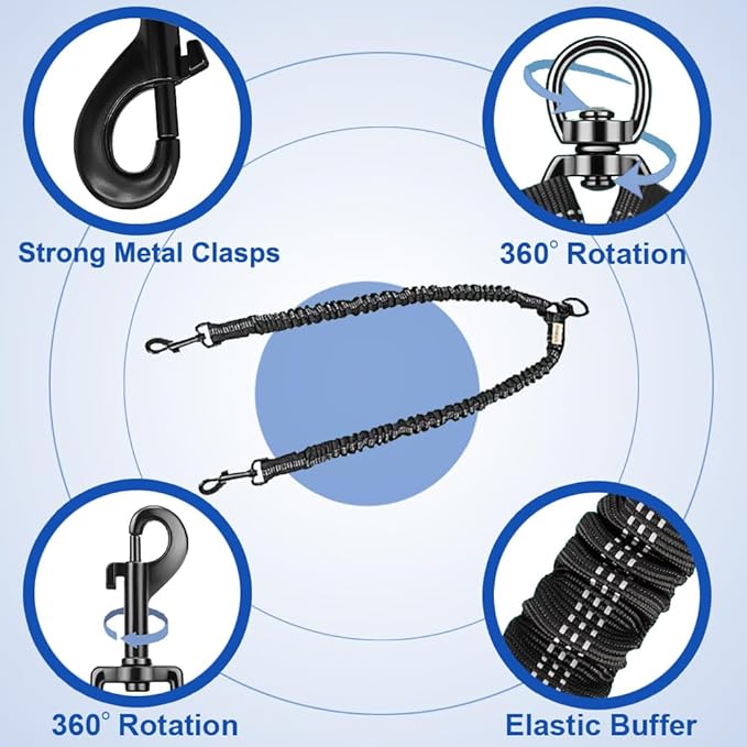 MingXpets Double Dog Leash, Dual Dog Leash, 360° Swivel Tangle Free Bungee Walking Training for Large Medium Dogs, Shock Absorbing Bungee Reflective for Two Dogs, 18~120 lbs, Black