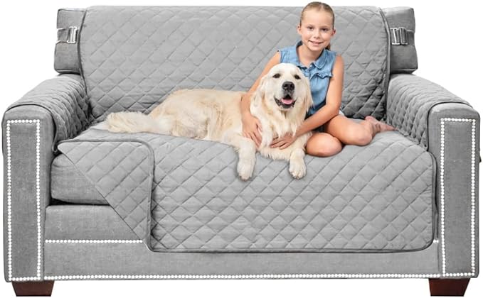 Sofa Shield® Couch Loveseat Covers for Dogs, Reversible Furniture Protector with Strap, Stain and Tear Resistant Cushion Cover, 54 inch Seat, Machine Washable Slipcover Pets, Cats, Light Gray