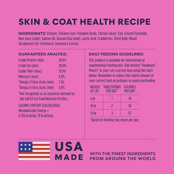 Instinct Raw Boost Mixers, Freeze Dried Cat Food Toppers with Functional Ingredients, Grain Free, Real Chicken - Skin & Coat Health, 5.5 oz Bag